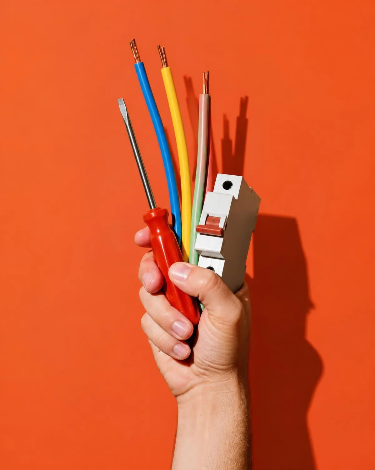 Hand hält Schraubendreher, Kabel und Sicherungsautomat vor orangem Hintergrund